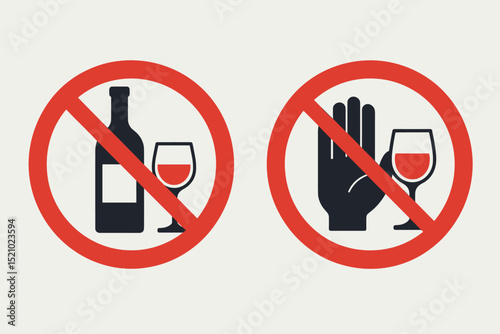 No Alcohol sign set, vector illustration. Prohibition symbols: wine bottle, wine glass, stop hand gesture. Red crossed circle icon for alcohol-free zone. No drinking warning graphic. Sobriety.