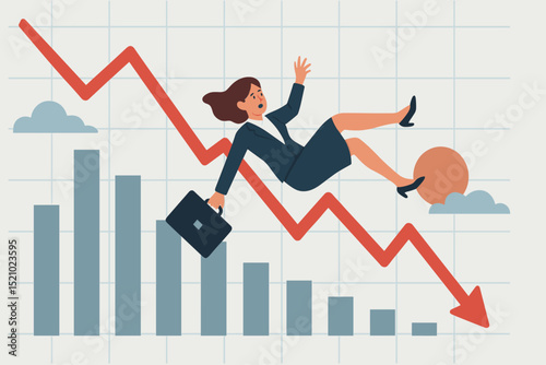 Businesswoman falling down declining red arrow graph. Financial crisis, stock market crash, economic recession metaphor. Investment loss, business failure, corporate decline concept.