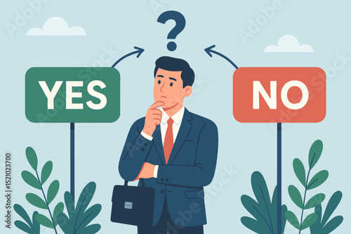 Businessman decision making. Entrepreneur choosing yes or no options. Man at crossroads, choice dilemma, strategy, future direction, confusion, problem solving concept. Vector illustration.