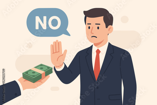 Businessman rejecting bribe money, says NO to cash offer. Anti-corruption and ethical business principles. Man refuses illegal payment, financial integrity, honesty concept. Stop bribery vector.