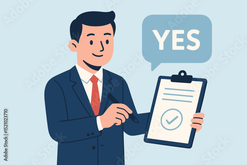 Successful businessman entrepreneur seals affirmative deal with YES. Clipboard checkmark symbolizes contract approval, positive outcome, task completed. Corporate agreement, professional success.