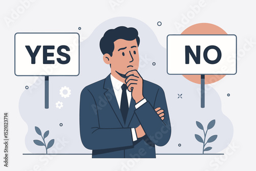 Businessman decision making, yes or no choice. Thoughtful entrepreneur facing dilemma, contemplating options. Difficult strategy selection, uncertainty. Professional man thinking. Vector.