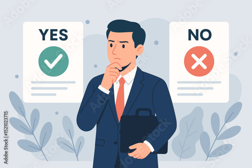 Businessman making critical decision. Entrepreneur facing yes or no choice, thoughtful. Pensive male manager with briefcase considering options, strategy, and risk. Business dilemma concept vector.