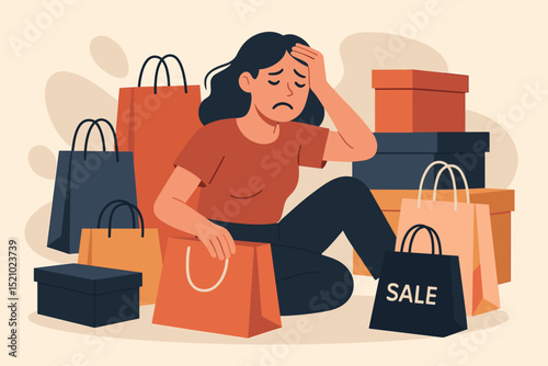 Shopping overload concept. Stressed woman with bags and boxes after sale. Consumerism, debt, regret. Mental health issues from excessive spending. Exhausted shopaholic illustration.