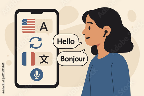 Real-Time Instant Language Translation Mobile App with American and French Flags for Communication and Learning, Featuring a Woman Using Earpods for Digital Voice Interaction