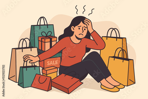 Overwhelmed woman experiencing shopping fatigue, surrounded by sale bags and boxes. Concept of buyer's remorse, consumerism stress, and retail overload. Vector illustration of mental exhaustion.