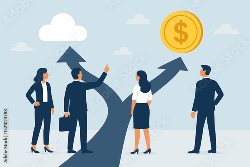 Corporate team at crossroads making a strategic decision. Business people choosing between financial profit or alternative future. Investment opportunity, financial planning, company vision concept.