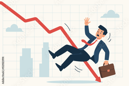 Businessman financial crisis. Trader falling down red arrow graph. Stock market crash, investment loss, economic recession concept. Investor panic, business failure, chart decline.