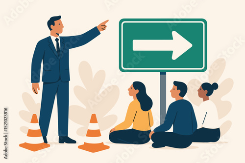 Business coaching and mentorship illustration. Leader guiding diverse team with direction sign. Professional development, strategy planning, corporate training, workshop concept. Vision for success.