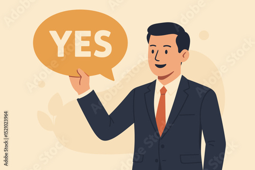 Businessman says YES in speech bubble. Successful business negotiation. Agreement, deal approval, consent. Positive outcome, corporate success. Man in suit. Communication. Vector illustration.