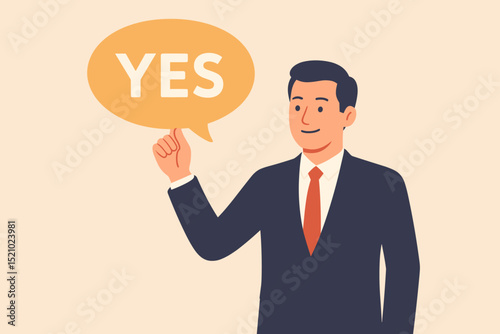 Businessman says YES. Successful business negotiation concept. Agreement, deal, approval, positive outcome. Corporate man, professional success. Confirmation speech bubble. Acceptance. Vector.