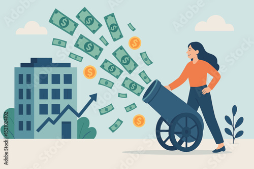 Investor businesswoman shooting money from cannon towards growing company building. Financial success, profit celebration, wealth generation concept. Investment growth and startup boom vector.