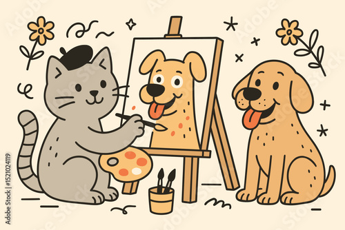 Cute cartoon cat artist with beret painting a happy dog model on an easel. Whimsical pet portrait scene, creative animal friendship, artistic hobby illustration with palette and paintbrush. Vector.