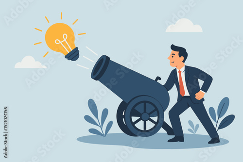 Innovative idea launch: Businessman fires a glowing lightbulb from a cannon, symbolizing new project startup, creative product release, business strategy, marketing breakthrough, and rapid growth.