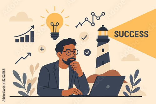 Innovative business guidance: Lighthouse illuminating success path. Man with laptop, strategic planning, lightbulb idea, growth chart. Vision, career development, achievement, problem-solving.