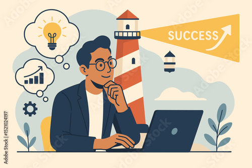 Innovative Lighthouse Guidance to Success. Businessman with laptop, ideas, growth chart. Metaphor for business strategy, vision, direction, achievement, problem-solving, online work.