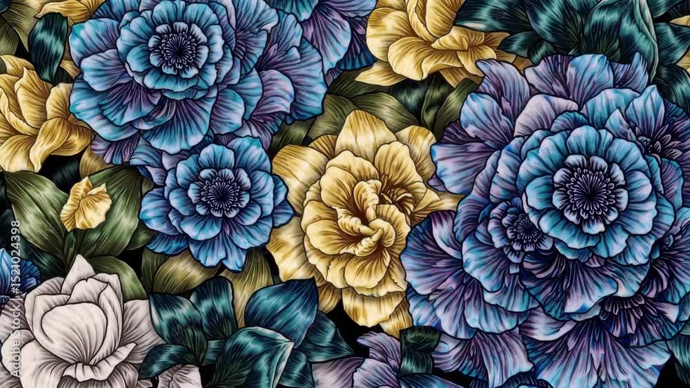 Colorful ornamental floral illustration with blue, yellow, and white peonies in rich decorative style, showcasing artistic botanical detail, vintage elegance and hand-drawn aesthetic pattern