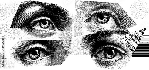Intricate engraved illustration of fragmented eyes with abstract elements
