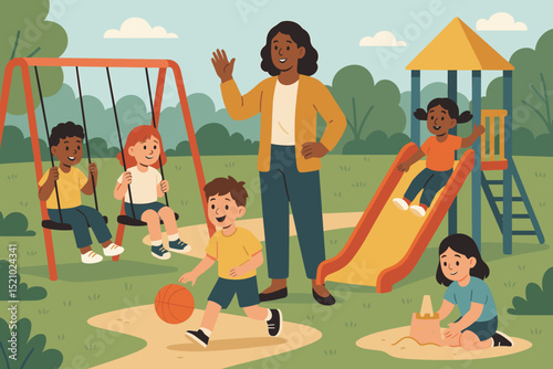 Playful playground moments with diverse children and caring teacher. Kids on swing, slide, sandbox, playing basketball. Outdoor park fun, childhood activity, vector illustration for school, daycare.