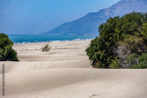 Fototapeta Naklejka Na Ścianę i Meble -  Rolling sand dunes of Patara beach stretching to turquoise sea under clear blue sky. Mediterranean coast, green shrubs, and distant mountains. Patara, Turkey.