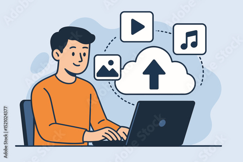 Man at laptop uploading multimedia files (images, video, music) to cloud storage. Data backup, online file sharing, synchronization. Information technology, cloud computing concept. Flat vector.