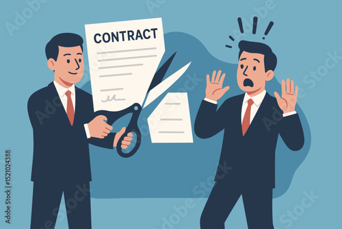 Business contract termination concept. Businessman cutting legal agreement document with scissors, shocking surprised partner. Breaking deal, partnership ended, unexpected cancellation.