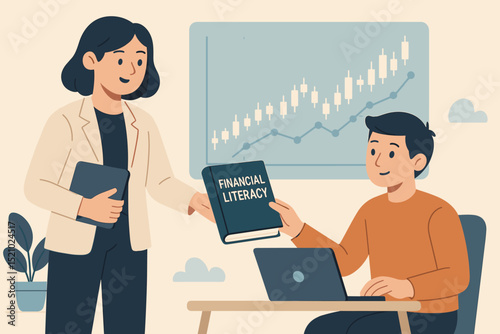 Financial literacy education. Teacher gives finance book to student. Learning money management. Investment growth chart. Personal finance knowledge. Online lesson. Economic education concept.