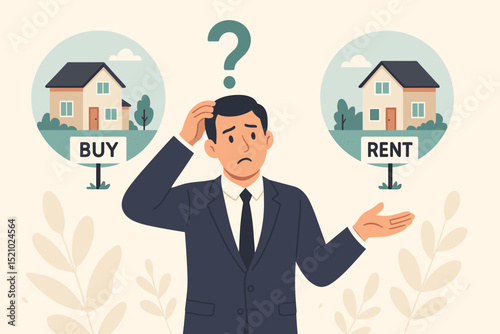 Buy or rent real estate decision. Confused man choosing between house ownership and leasing. Property investment dilemma, mortgage vs rental concept. Financial choices vector illustration.