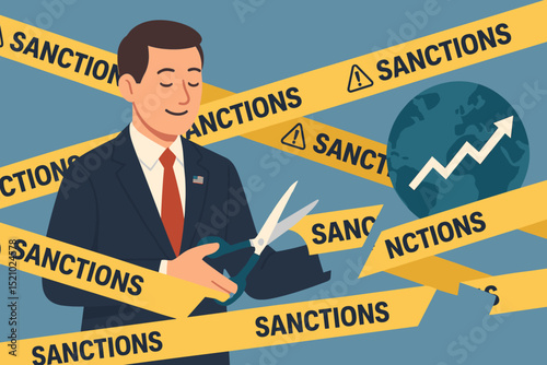 Lifting economic sanctions: Politician cutting restrictive tape, promoting free trade and global market growth. International relations, diplomacy, and economic recovery concept for world economy.