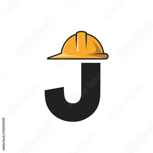 Letter J Construction Icon with Hard Hat, Bold black letter "J" styled with a yellow construction hard hat, representing safety, labor, or industry themes.

