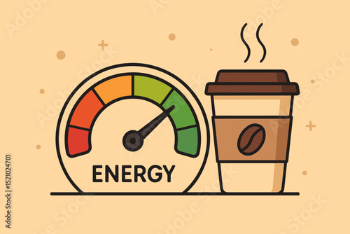 Energizing coffee concept illustration. Takeaway coffee cup with steam next to an energy meter gauge showing a high level. Caffeine boost, morning ritual, productivity, alertness. Fuel your day.