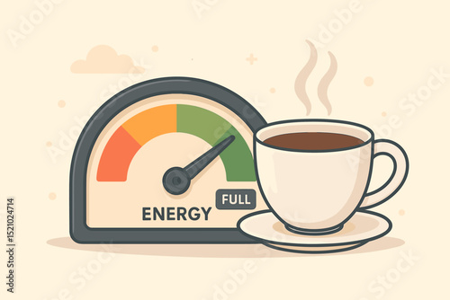 Energizing coffee concept with energy meter at full. Steaming hot cup providing maximum power boost. Morning ritual, caffeine charge, productivity, alertness, awake, fuel, recharge vector.