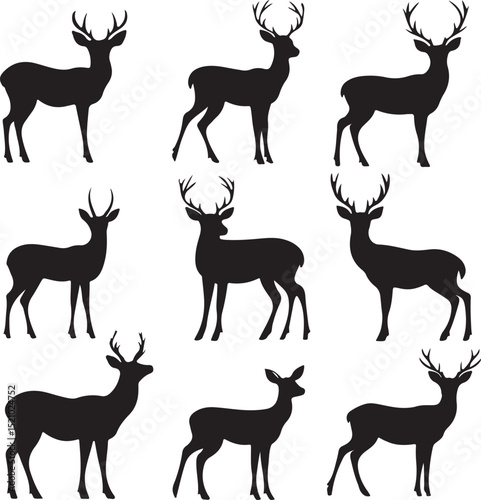 Deer silhouette vector set, Deer silhouette hunting silhouettes pack, Deer vector set, animals silhouette set, Black reindeer silhouettes, Deer vector set