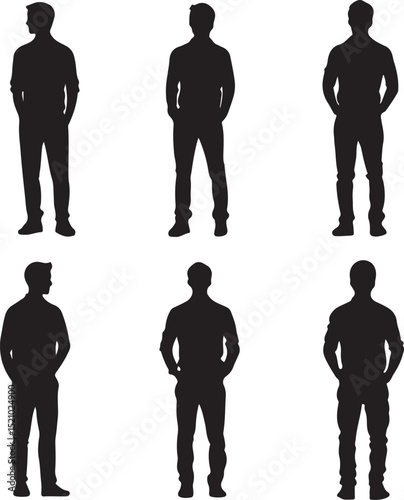 Silhouettes of elegant men in suits and with a bow tie with a gun in their hand on a white background. Bond themed illustration of a shooting man