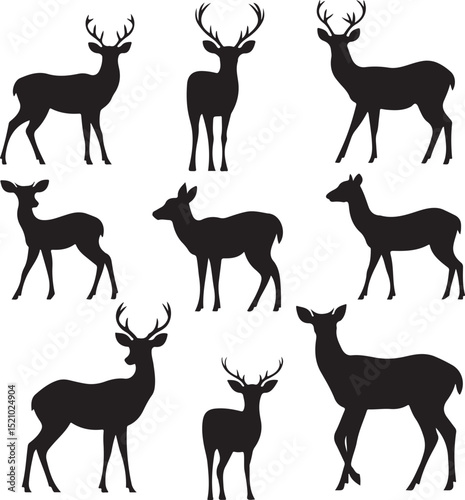 Deer silhouettes set vector illustration, black deer silhouette icon bundle