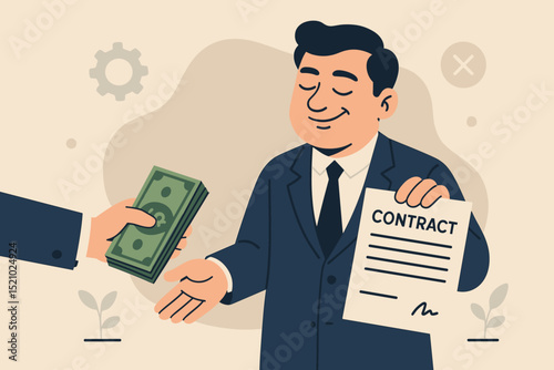 Corrupt business deal: Executive accepts illegal cash bribe for signing a contract. Conceptual illustration of financial crime, corporate fraud, unethical practices, and corruption. X mark.