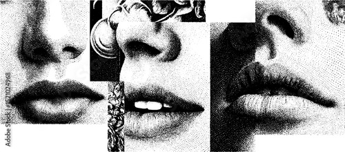 Abstract engraved faces collage with fragmented visuals for artistic design