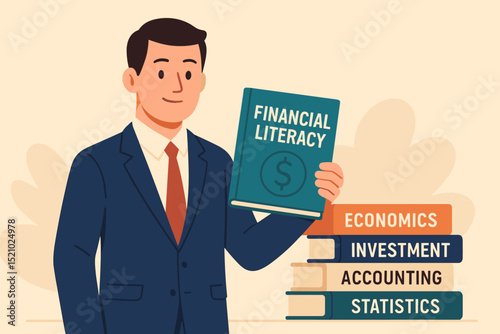 Financial literacy concept with businessman holding book. Learning economics, investment, accounting, statistics for personal finance, wealth management, money. Education, career growth. Vector.