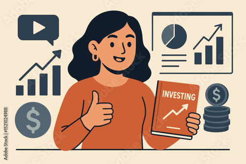 Financial literacy concept. Woman promotes investing with book, thumbs up. Personal finance education, online course. Stock market growth chart, coins. Wealth building, investment strategy.