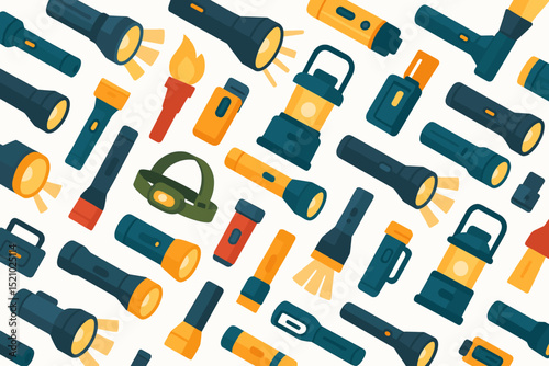 Dynamic seamless pattern of flashlights, torches, headlamps, lanterns. Vector illustration background for camping, hiking, emergency kits, outdoor adventure, survival gear, illumination concepts.
