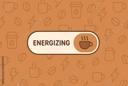 Slider button concept for energizing coffee break. UI design with hot coffee cup icon. Represents caffeine boost, morning energy, power, alertness, and motivation. Vector graphic element.