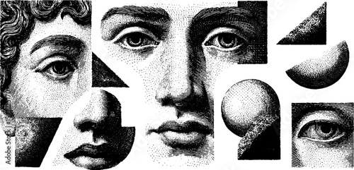 Engraved illustrated set of fragmented facial features with geometric elements for artistic design
