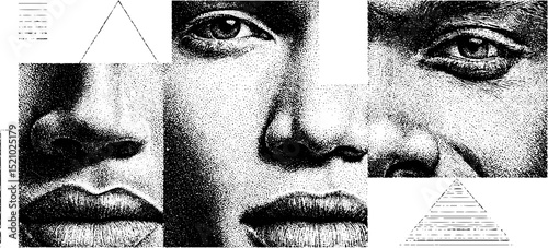 Engraved fragmented faces with geometric elements for artistic design