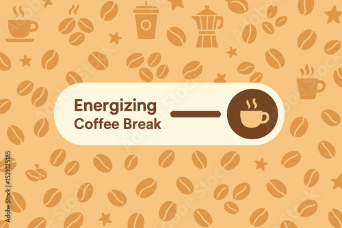 Energizing Coffee Break slider concept for web banner or app interface. Morning caffeine boost illustration with coffee beans, cups, and moka pot pattern background. Recharge button design.