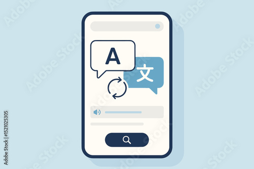 Language translation app vector. Smartphone screen UI with mobile translator for global communication. Multilingual dictionary for text, speech. International travel, business, learning.