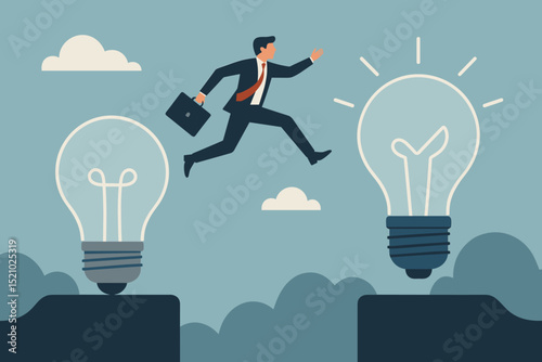 Leap to innovation concept. Businessman with briefcase jumps from dull lightbulb to bright new idea across a chasm. Metaphor for progress, change, strategy, problem-solving, creativity and growth.