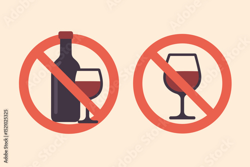 No Alcohol Zone Prohibition Signs. Vector illustration of stop drinking symbols with wine bottle and glass. Alcohol-free concept, sobriety, temperance, and health warning. Forbidden beverage icons.