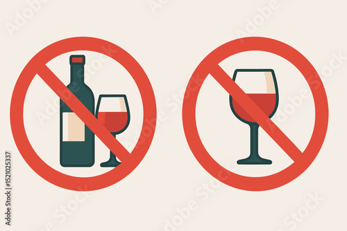 No Alcohol Signs: Prohibition Symbols for Wine & Drinks. Vector Icons for Sobriety, Health Regulations & Alcohol-Free Zones. Stop Drinking Awareness Graphics, Ban Concept Illustration.