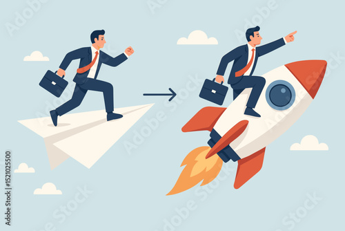 Businessman ambitious upgrade, paper airplane to rocket flight. Concept business growth, career progress, innovation, success. Entrepreneurship, startup launch, development, technology boost. Vector.