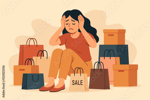 Overwhelmed shopper woman. Retail chaos, big sale stress. Tired female customer with bags, boxes. Exhaustion, regret. Consumerism problems. Impulse buying. Buyer's remorse.